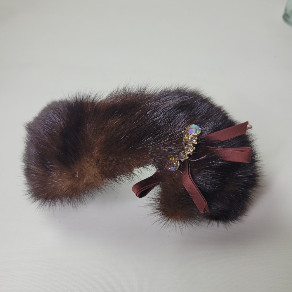 Vintage Vincent de Koven Brown Mink Fur Headband Hat AB Rhinestone Ribbon Accent